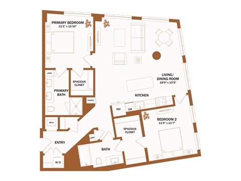 A floor plan of a house with a primary bedroom, a living/dining room, a kitchen, a bath, and two bedrooms.